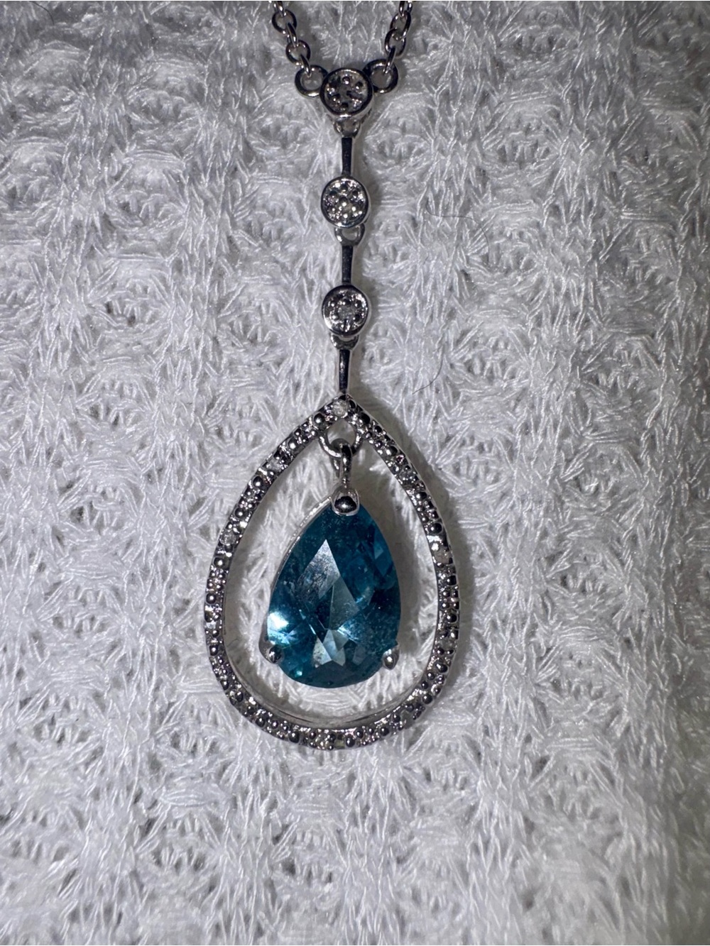 Sterling Silver VTG  Aquamarine Teardrop Necklace with CZ Accents 18in STUNNING